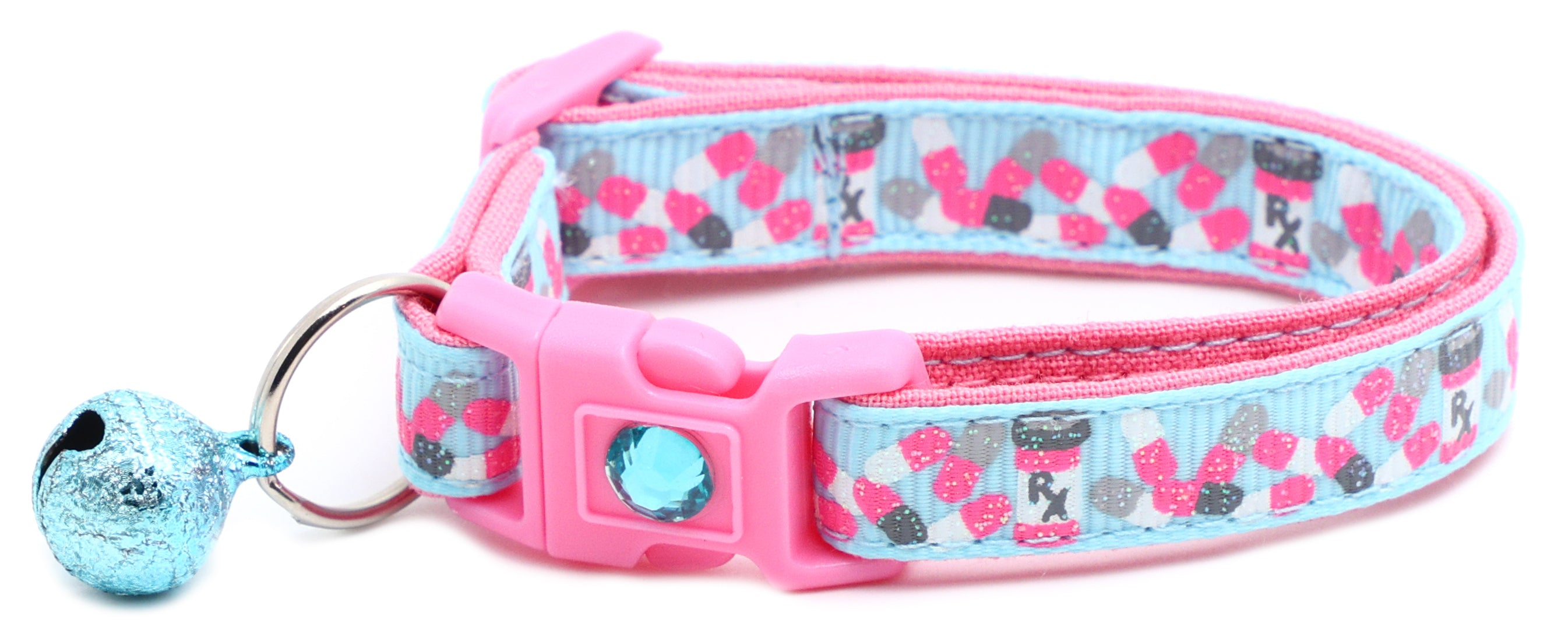 Handmade Pills Breakaway Cat Collar in reinforced cotton with adjustable sizes and breakaway clip for safety.
